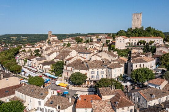 Drone view of the village of Montcuq in the Lot department