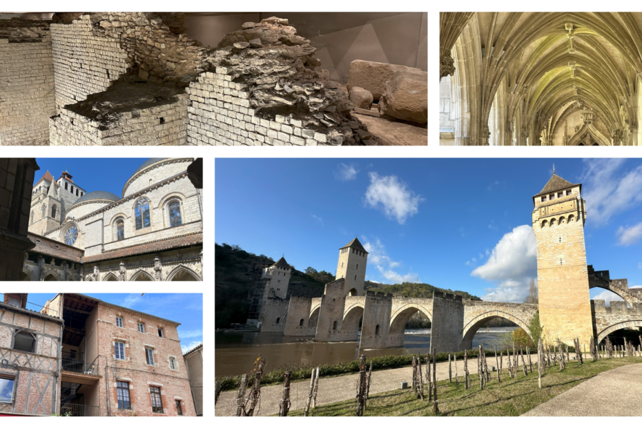 Collage featuring Cahors: Gallo-Roman ruins of the amphitheatre, Saint-Étienne cathedral, Valentré bridge and medieval house