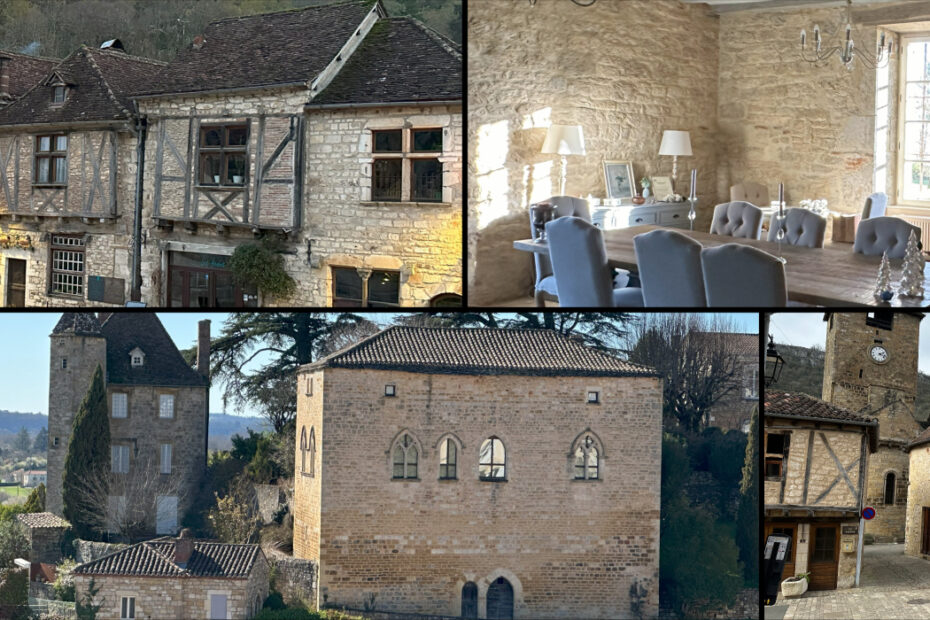 Collage présentant l’architecture des villages du Lot et des Hauts de Sauliès : Saint-Cirq-Lapopie, Autoire, château de la Lychairie, salle